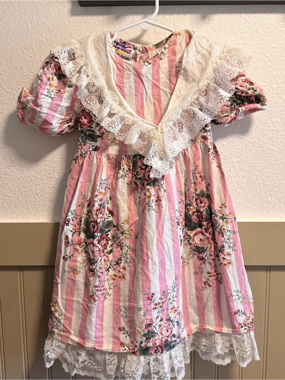 emily west Pink and White Striped Floral Lace Dress
